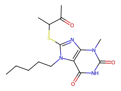 3-methyl-8-((3-oxobutan-2-yl)thio)-7-pentyl-1H-purine-2,6(3H,7H)-dione structure