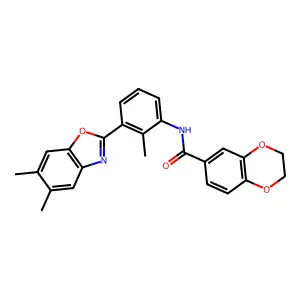 N-[3-(5,6-dimethyl-1,3-benzoxazol-2-yl)-2-methylphenyl]-2,3-dihydro-1,4-benzodioxine-6-carboxamide structure