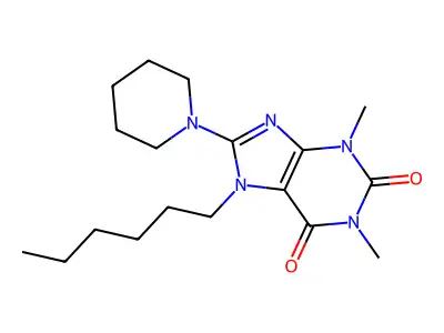 7-hexyl-1,3-dimethyl-8-(piperidin-1-yl)-1H-purine-2,6(3H,7H)-dione structure
