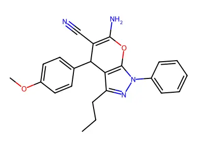 6-amino-4-(4-methoxyphenyl)-1-phenyl-3-propyl-1,4-dihydropyrano[2,3-c]pyrazole-5-carbonitrile structure