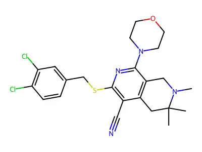 3-[(3,4-dichlorophenyl)methylsulfanyl]-6,6,7-trimethyl-1-morpholin-4-yl-5,8-dihydro-2,7-naphthyridine-4-carbonitrile structure
