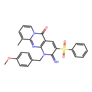 5-(benzenesulfonyl)-6-imino-7-[(4-methoxyphenyl)methyl]-11-methyl-1,7,9-triazatricyclo[8.4.0.0^{3,8}]tetradeca-3(8),4,9,11,13-pentaen-2-one structure