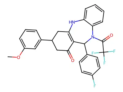 11-(4-fluorophenyl)-3-(3-methoxyphenyl)-10-(trifluoroacetyl)-2,3,4,5,10,11-hexahydro-1H-dibenzo[b,e][1,4]diazepin-1-one structure