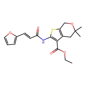 (E)-ethyl 2-(3-(furan-2-yl)acrylamido)-5,5-dimethyl-5,7-dihydro-4H-thieno[2,3-c]pyran-3-carboxylate structure
