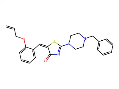 (5E)-2-(4-benzylpiperazin-1-yl)-5-[2-(prop-2-en-1-yloxy)benzylidene]-1,3-thiazol-4(5H)-one structure