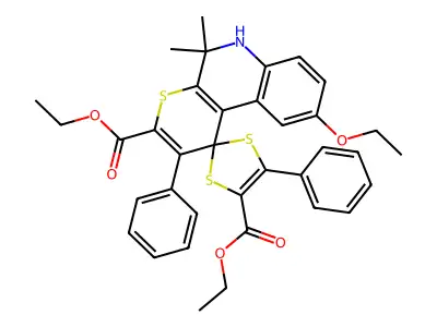 diethyl 9'-ethoxy-5',5'-dimethyl-2',5-diphenyl-5',6'-dihydrospiro[1,3-dithiole-2,1'-thiopyrano[2,3-c]quinoline]-3',4-dicarboxylate structure