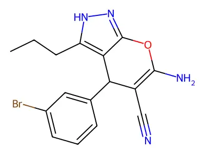 6-amino-4-(3-bromophenyl)-3-propyl-1,4-dihydropyrano[2,3-c]pyrazole-5-carbonitrile structure