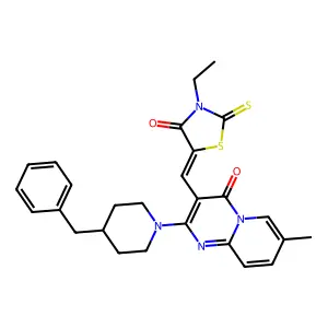 2-(4-benzylpiperidin-1-yl)-3-[(Z)-(3-ethyl-4-oxo-2-thioxo-1,3-thiazolidin-5-ylidene)methyl]-7-methyl-4H-pyrido[1,2-a]pyrimidin-4-one structure