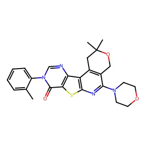 2,2-dimethyl-5-morpholino-9-(o-tolyl)-4,9-dihydro-1H-pyrano[4'',3'':4',5']pyrido[3',2':4,5]thieno[3,2-d]pyrimidin-8(2H)-one structure