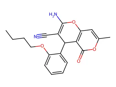 2-amino-4-(2-butoxyphenyl)-7-methyl-5-oxo-4H,5H-pyrano[4,3-b]pyran-3-carbonitrile structure