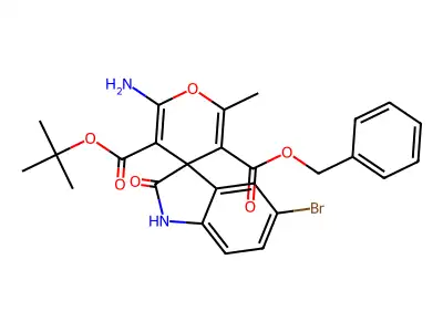 5'-benzyl 3'-tert-butyl 2'-amino-5-bromo-6'-methyl-2-oxo-1,2-dihydrospiro[indole-3,4'-pyran]-3',5'-dicarboxylate structure