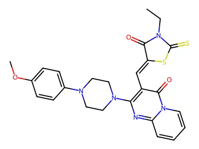 3-[(Z)-(3-ethyl-4-oxo-2-thioxo-1,3-thiazolidin-5-ylidene)methyl]-2-[4-(4-methoxyphenyl)piperazin-1-yl]-4H-pyrido[1,2-a]pyrimidin-4-one structure