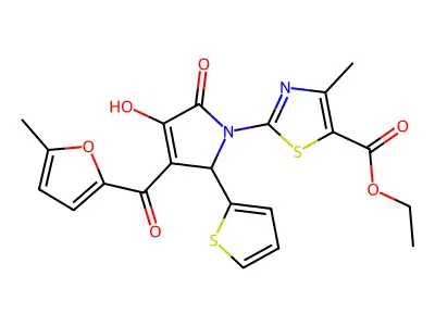 ethyl 2-[(3E)-3-[hydroxy(5-methylfuran-2-yl)methylidene]-4,5-dioxo-2-(thiophen-2-yl)pyrrolidin-1-yl]-4-methyl-1,3-thiazole-5-carboxylate structure