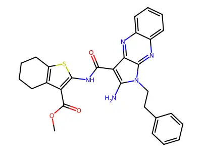 methyl 2-({[2-amino-1-(2-phenylethyl)-1H-pyrrolo[2,3-b]quinoxalin-3-yl]carbonyl}amino)-4,5,6,7-tetrahydro-1-benzothiophene-3-carboxylate structure