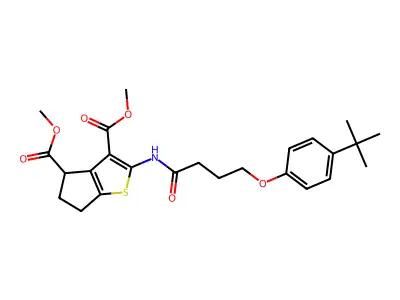 dimethyl 2-{[4-(4-tert-butylphenoxy)butanoyl]amino}-5,6-dihydro-4H-cyclopenta[b]thiophene-3,4-dicarboxylate structure