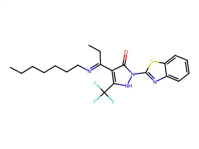 (4E)-2-(1,3-benzothiazol-2-yl)-4-[1-(heptylamino)propylidene]-5-(trifluoromethyl)pyrazol-3-one structure