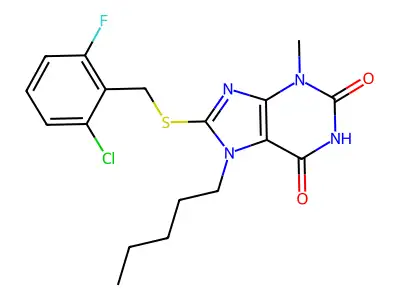 8-((2-chloro-6-fluorobenzyl)thio)-3-methyl-7-pentyl-1H-purine-2,6(3H,7H)-dione structure