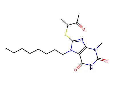 3-methyl-7-octyl-8-((3-oxobutan-2-yl)thio)-1H-purine-2,6(3H,7H)-dione structure