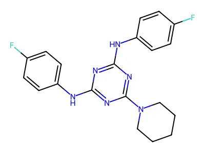 N,N'-bis(4-fluorophenyl)-6-(piperidin-1-yl)-1,3,5-triazine-2,4-diamine structure