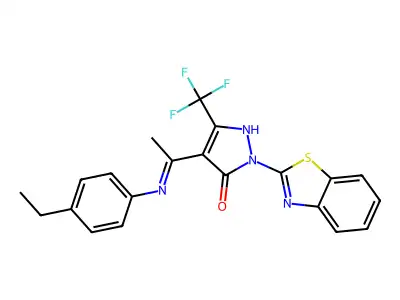 2-(1,3-benzothiazol-2-yl)-4-[(1E)-N-(4-ethylphenyl)ethanimidoyl]-5-(trifluoromethyl)-1,2-dihydro-3H-pyrazol-3-one structure