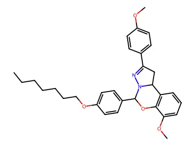 5-[4-(heptyloxy)phenyl]-7-methoxy-2-(4-methoxyphenyl)-1,10b-dihydropyrazolo[1,5-c][1,3]benzoxazine structure