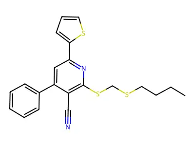 2-{[(butylsulfanyl)methyl]sulfanyl}-4-phenyl-6-(thiophen-2-yl)pyridine-3-carbonitrile structure