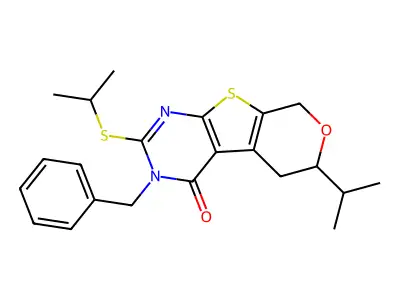 3-benzyl-6-(propan-2-yl)-2-(propan-2-ylsulfanyl)-3,5,6,8-tetrahydro-4H-pyrano[4',3':4,5]thieno[2,3-d]pyrimidin-4-one structure