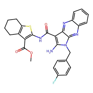 methyl 2-({[2-amino-1-(4-fluorobenzyl)-1H-pyrrolo[2,3-b]quinoxalin-3-yl]carbonyl}amino)-4,5,6,7-tetrahydro-1-benzothiophene-3-carboxylate structure