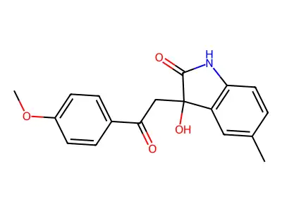 3-Hydroxy-3-[2-(4-methoxy-phenyl)-2-oxo-ethyl]-5-methyl-1,3-dihydro-indol-2-one structure