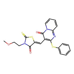 3-{(Z)-[3-(2-methoxyethyl)-4-oxo-2-thioxo-1,3-thiazolidin-5-ylidene]methyl}-2-(phenylsulfanyl)-4H-pyrido[1,2-a]pyrimidin-4-one structure