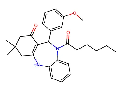 10-hexanoyl-11-(3-methoxyphenyl)-3,3-dimethyl-2,3,4,5,10,11-hexahydro-1H-dibenzo[b,e][1,4]diazepin-1-one structure