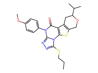 4-(4-methoxyphenyl)-7-(propan-2-yl)-1-(propylsulfanyl)-6,9-dihydro-7H-pyrano[4',3':4,5]thieno[3,2-e][1,2,4]triazolo[4,3-a]pyrimidin-5(4H)-one structure