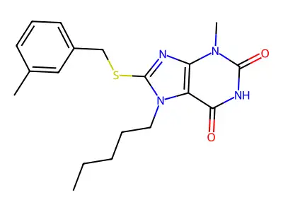 3-methyl-8-((3-methylbenzyl)thio)-7-pentyl-1H-purine-2,6(3H,7H)-dione structure