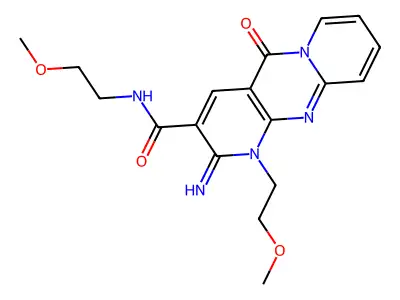 2-imino-N,1-bis(2-methoxyethyl)-5-oxo-2,5-dihydro-1H-dipyrido[1,2-a:2',3'-d]pyrimidine-3-carboxamide structure