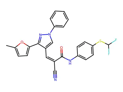 (Z)-2-Cyano-N-[4-(difluoromethylsulfanyl)phenyl]-3-[3-(5-methylfuran-2-yl)-1-phenylpyrazol-4-yl]prop-2-enamide structure