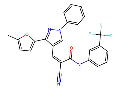 (Z)-2-Cyano-3-[3-(5-methylfuran-2-yl)-1-phenylpyrazol-4-yl]-N-[3-(trifluoromethyl)phenyl]prop-2-enamide structure