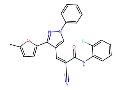 (Z)-2-cyano-N-(2-fluorophenyl)-3-[3-(5-methylfuran-2-yl)-1-phenylpyrazol-4-yl]prop-2-enamide structure