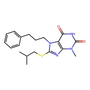 8-(isobutylthio)-3-methyl-7-(3-phenylpropyl)-1H-purine-2,6(3H,7H)-dione structure