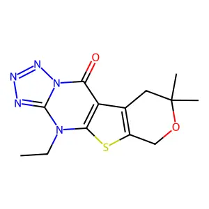 4-ethyl-8,8-dimethyl-8,9-dihydro-4H-pyrano[4',3':4,5]thieno[2,3-d]tetrazolo[1,5-a]pyrimidin-10(6H)-one structure