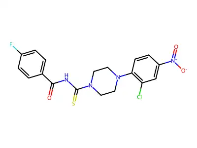 N-[4-(2-chloro-4-nitrophenyl)piperazine-1-carbothioyl]-4-fluorobenzamide structure
