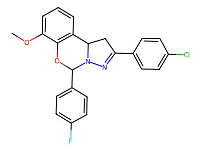 2-(4-chlorophenyl)-5-(4-fluorophenyl)-7-methoxy-1,10b-dihydropyrazolo[1,5-c][1,3]benzoxazine structure