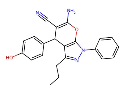6-amino-4-(4-hydroxyphenyl)-1-phenyl-3-propyl-1,4-dihydropyrano[2,3-c]pyrazole-5-carbonitrile structure