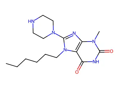 7-hexyl-3-methyl-8-(piperazin-1-yl)-1H-purine-2,6(3H,7H)-dione structure