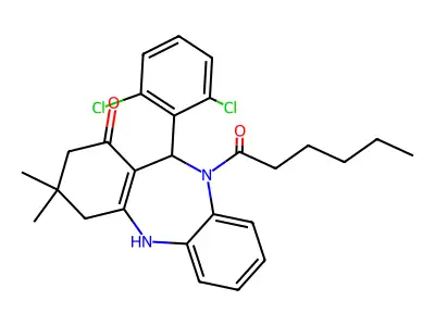 11-(2,6-dichlorophenyl)-10-hexanoyl-3,3-dimethyl-2,3,4,5,10,11-hexahydro-1H-dibenzo[b,e][1,4]diazepin-1-one structure
