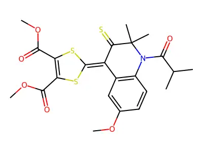 dimethyl 2-(2,2-dimethyl-6-(methyloxy)-1-(2-methylpropanoyl)-3-thioxo-2,3-dihydro-4(1H)-quinolinylidene)-1,3-dithiole-4,5-dicarboxylate structure