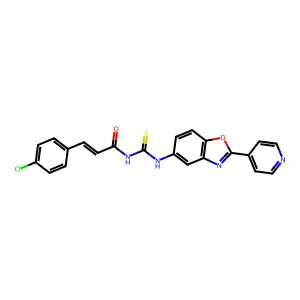 (E)-3-(4-chlorophenyl)-N-[(2-pyridin-4-yl-1,3-benzoxazol-5-yl)carbamothioyl]prop-2-enamide structure