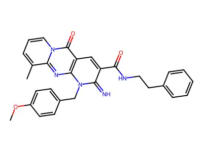 {2-imino-1-[(4-methoxyphenyl)methyl]-10-methyl-5-oxo(1,6-dihydropyridino[2,3-d]pyridino[1,2-a]pyrimidin-3-yl)}-N-(2-phenylethyl)carboxamide structure
