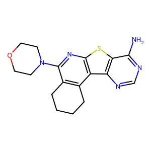 5-(morpholin-4-yl)-1,2,3,4-tetrahydropyrimido[4',5':4,5]thieno[2,3-c]isoquinolin-8-amine structure