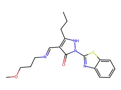 (4E)-2-(1,3-benzothiazol-2-yl)-4-{[(3-methoxypropyl)amino]methylidene}-5-propyl-2,4-dihydro-3H-pyrazol-3-one structure