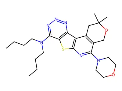 N,N-dibutyl-2,2-dimethyl-5-morpholino-2,4-dihydro-1H-pyrano[4'',3'':4',5']pyrido[3',2':4,5]thieno[3,2-d][1,2,3]triazin-8-amine structure